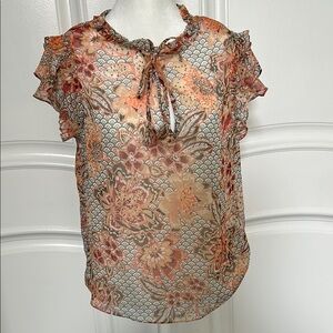 Misa Los Angeles Orange and Pink Flutter Sleeve Blouse